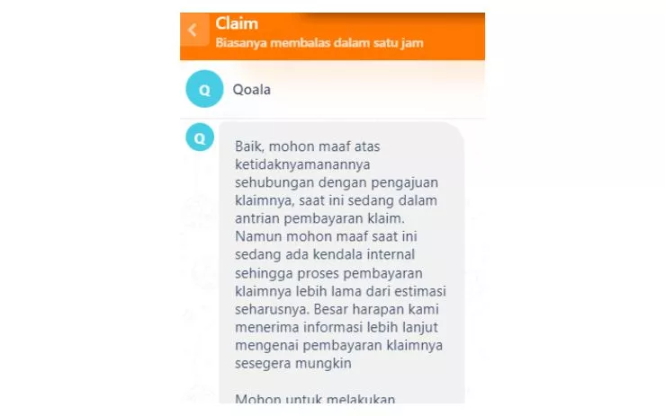 Konfirmasi dari pihak customer service Qoala terkait proses pembayaran klaim